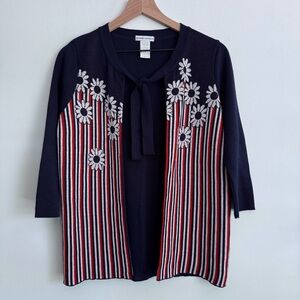 Vintage 80s 90s Karen Lessly Mod Daisy Flora Navy Open Front Cardigan Sweater‎ S